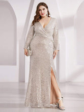 Shiny V Neck Plus Size Sequin Evening Party Dress with Long Sleeve #color_Champagne
