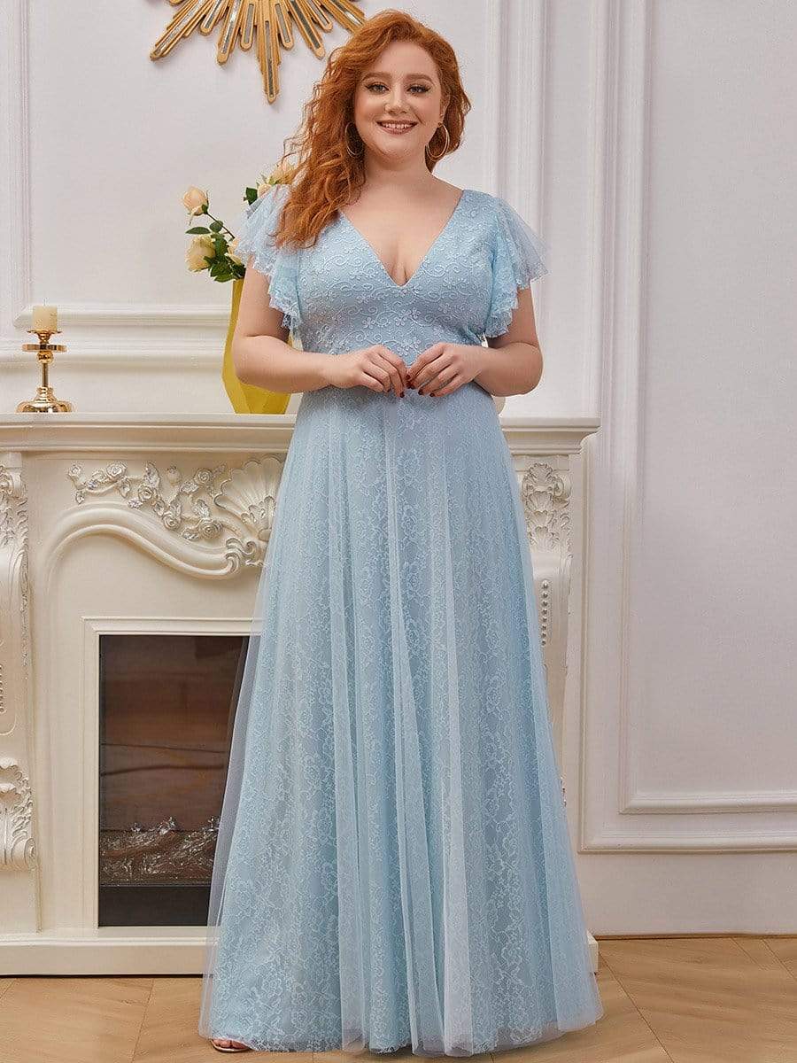 Maxi Long Plus Size Lace Evening Dresses with Ruffle Sleeves #color_Sky Blue