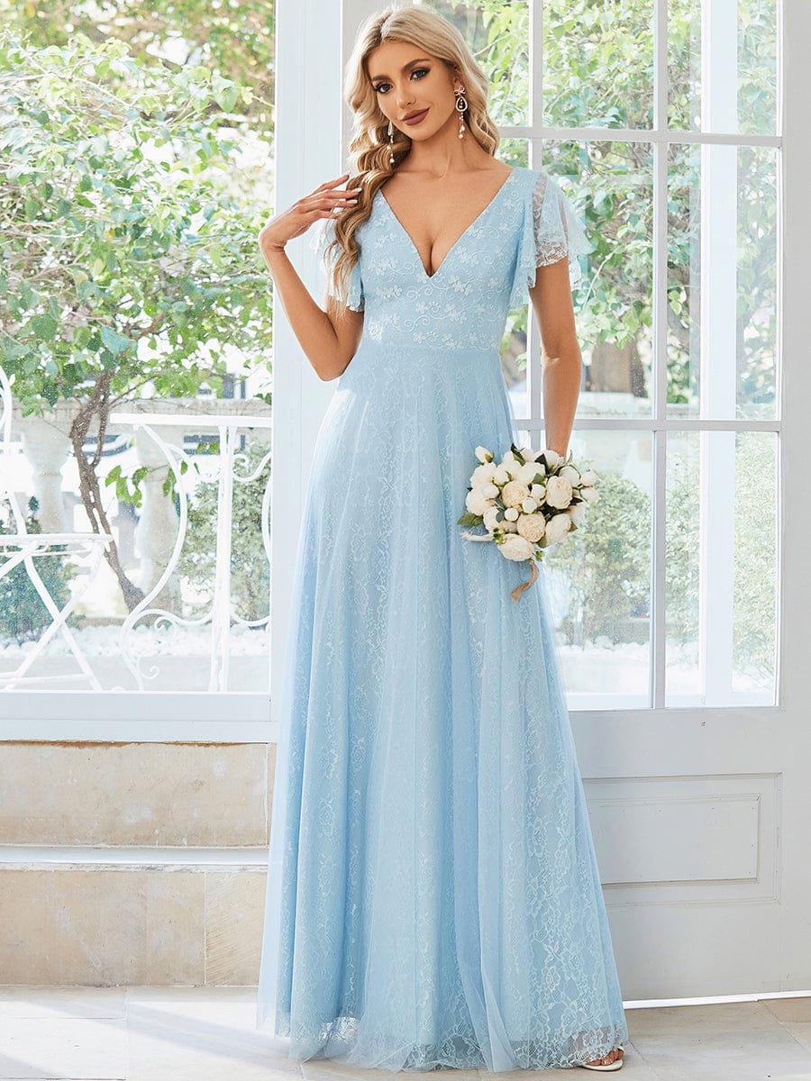 Double V Neck Maxi Lace Wedding Guest Dress with Ruffle Sleeves #color_Sky Blue