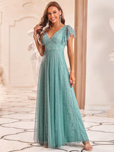 Double V Neck Maxi Long Lace Wedding Dresses with Ruffle Sleeves #color_Dusty Blue