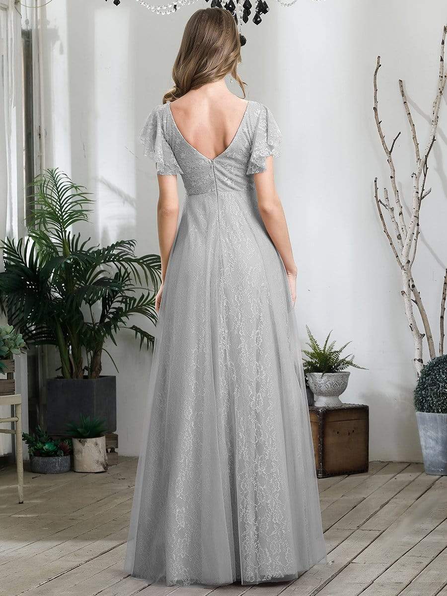 Double V Neck Maxi Long Lace Wedding Dresses with Ruffle Sleeves #color_Grey