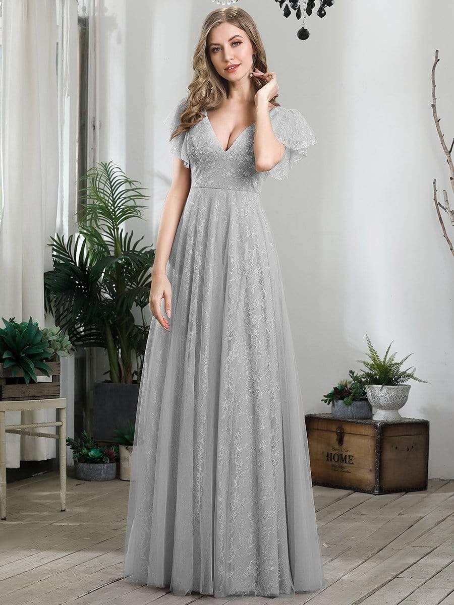 Double V Neck Maxi Lace Wedding Guest Dress with Ruffle Sleeves #color_Grey