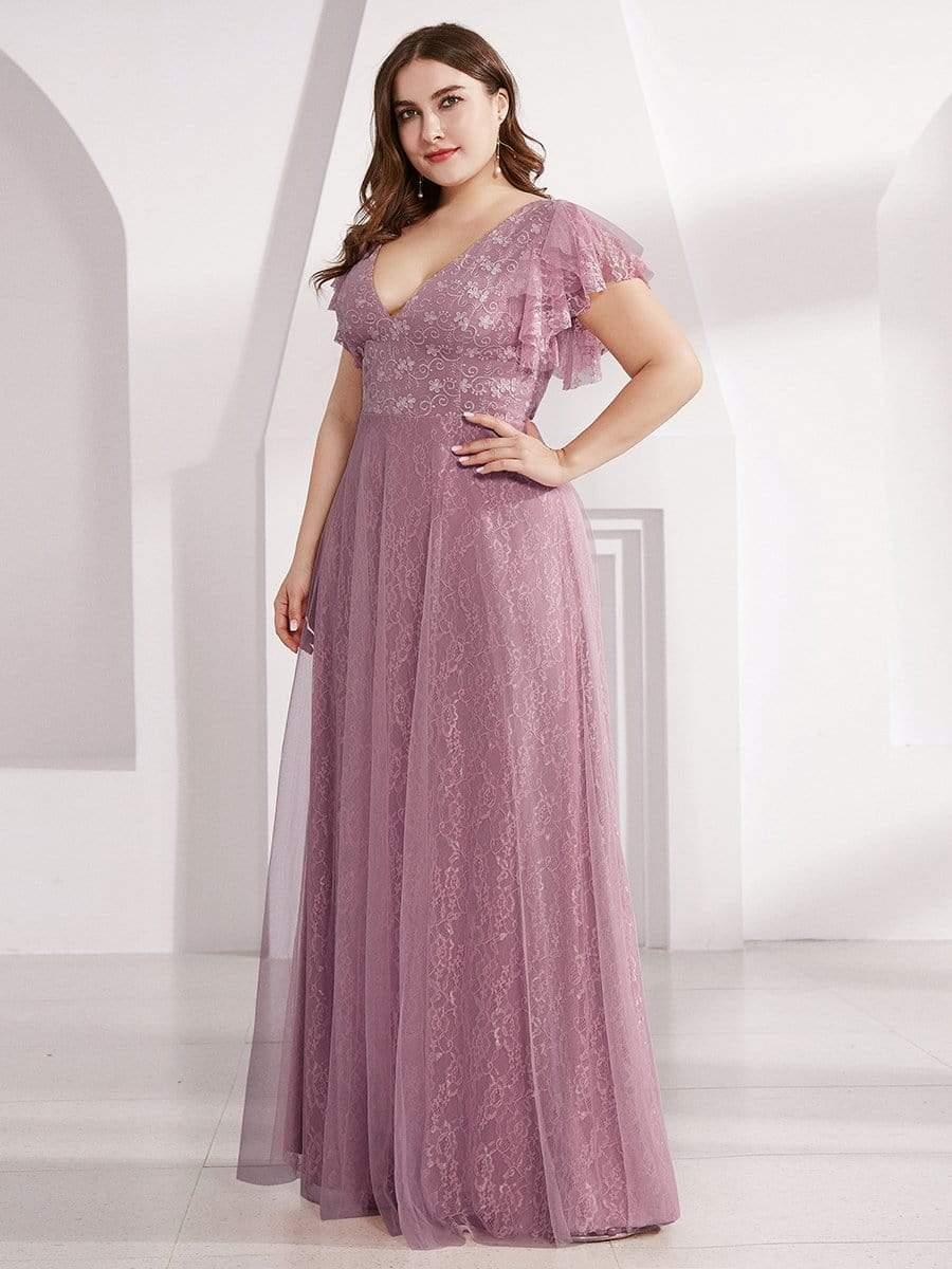 Maxi Long Plus Size Lace Evening Dresses with Ruffle Sleeves