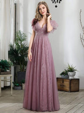 Double V Neck Maxi Long Lace Wedding Dresses with Ruffle Sleeves #color_Purple Orchid