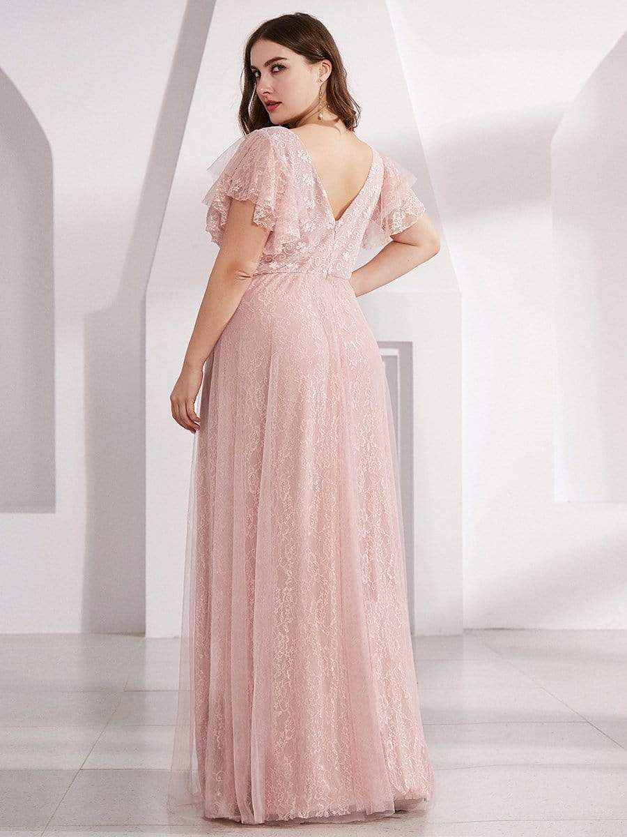 Maxi Long Plus Size Lace Evening Dresses with Ruffle Sleeves #color_Pink