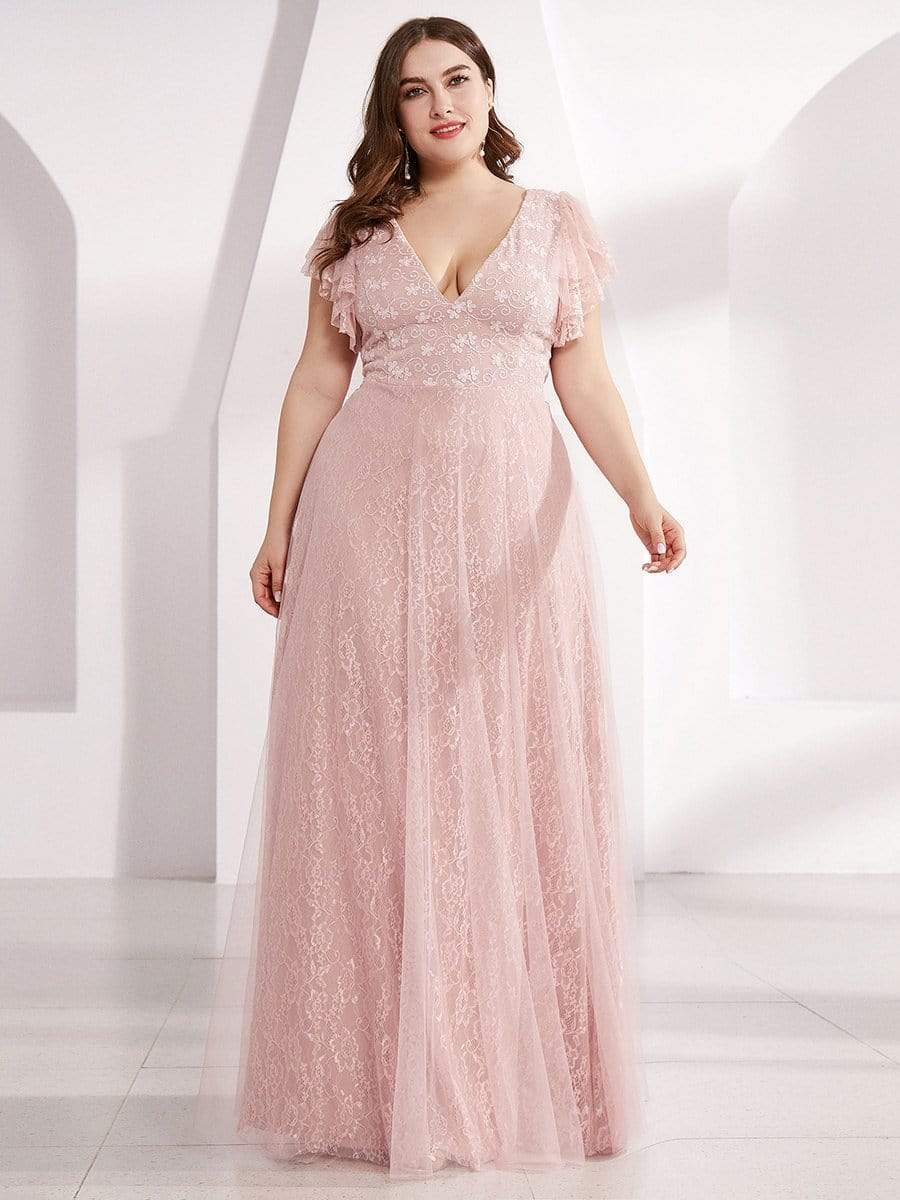 Maxi Long Plus Size Lace Evening Dresses with Ruffle Sleeves #color_Pink