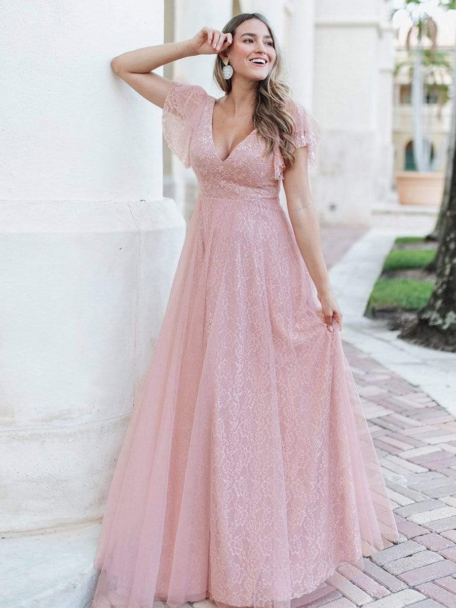 Double V Neck Maxi Lace Wedding Guest Dress with Ruffle Sleeves #color_Pink