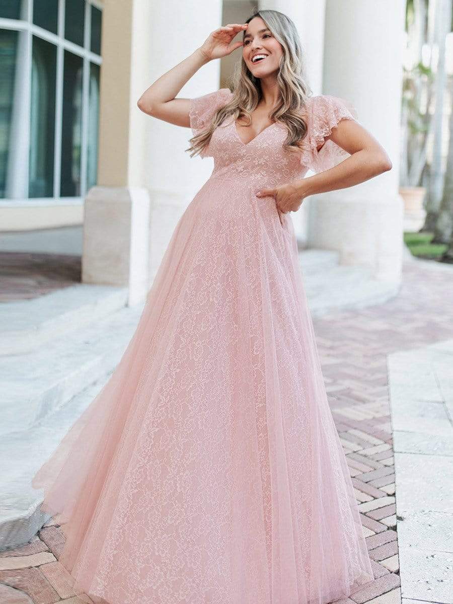 Double V Neck Long Lace Evening Dresses with Ruffle Sleeves #color_Pink