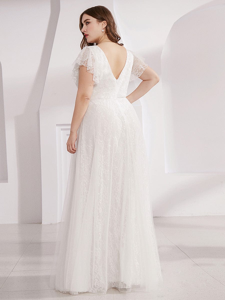 Double V Neck Maxi Lace Wedding Guest Dress with Ruffle Sleeves