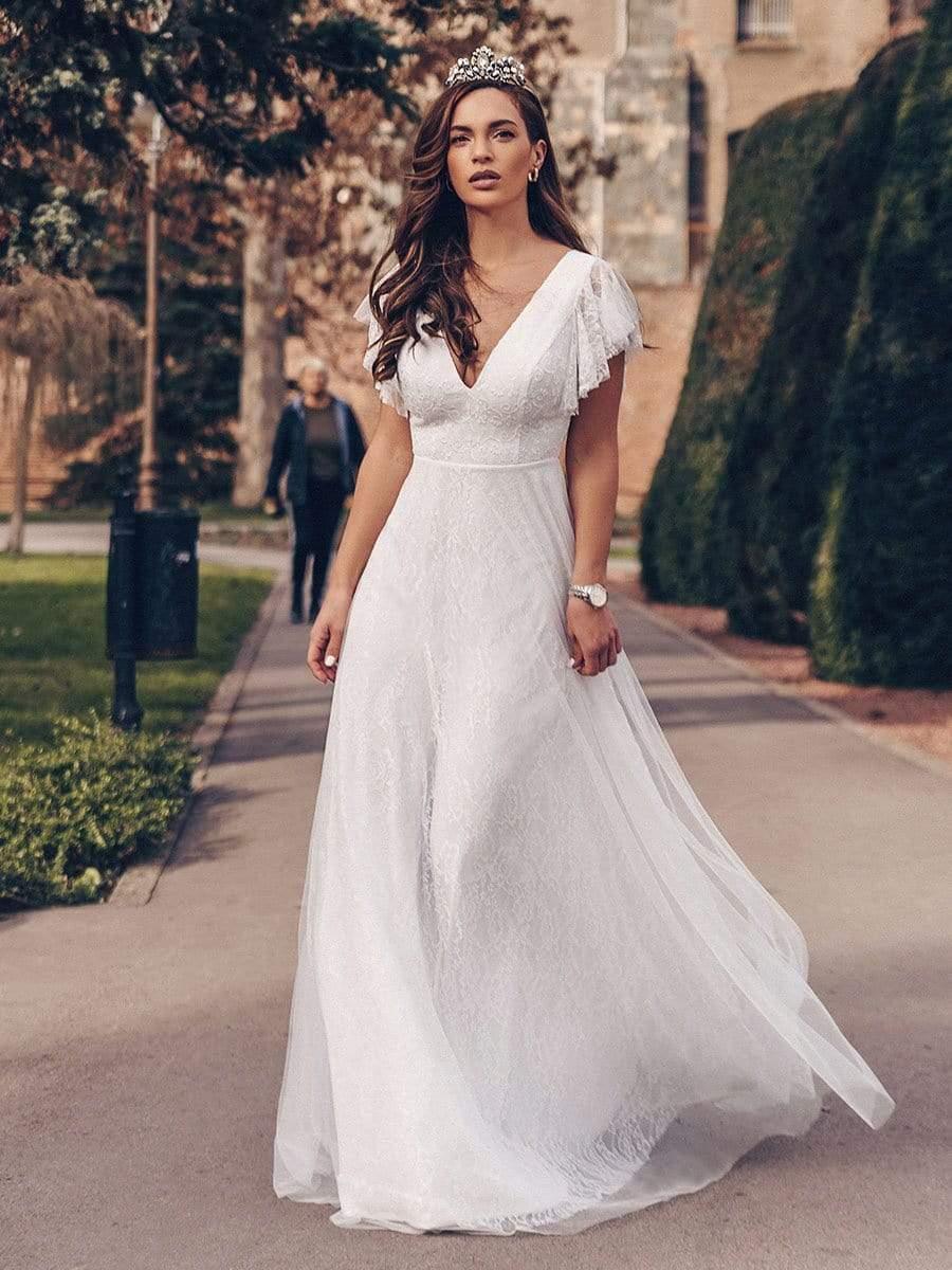 Elegant Maxi Lace Wedding Dress with Ruffle Sleeves #color_White
