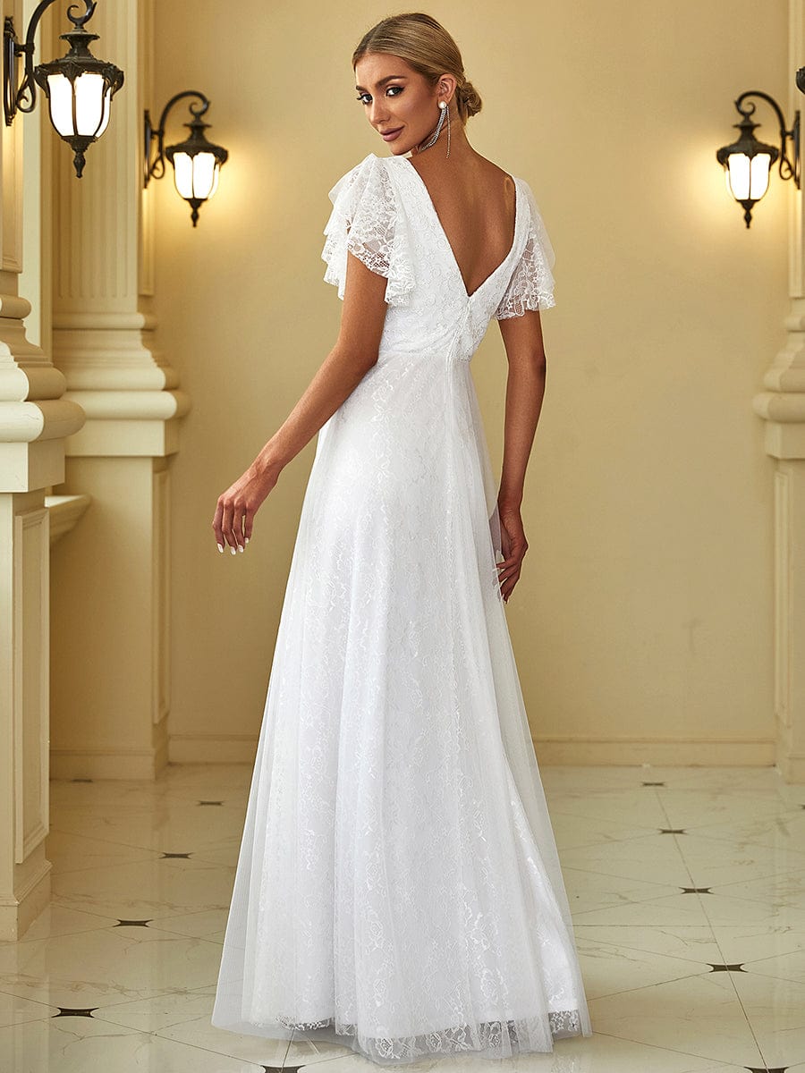 Elegant Maxi Lace Wedding Dress with Ruffle Sleeves #color_White