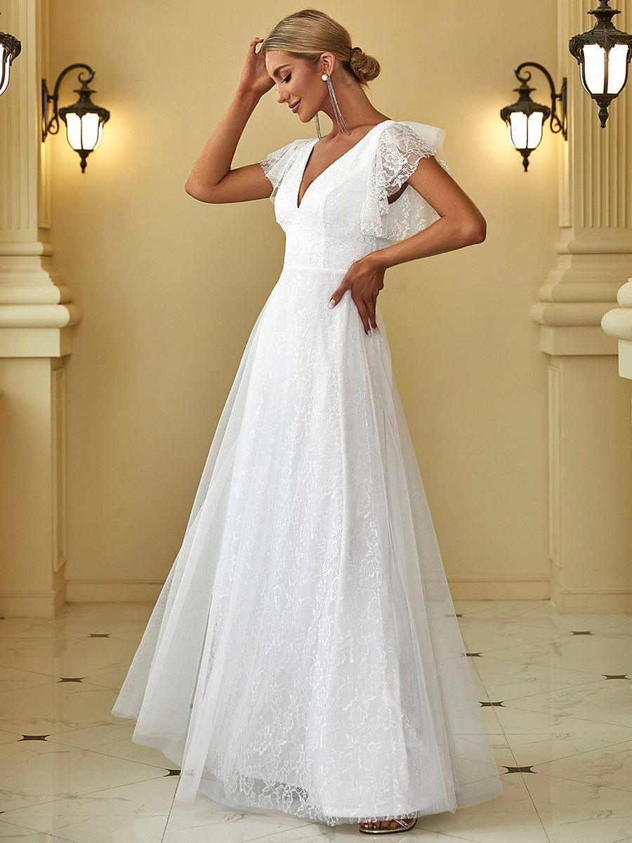 Elegant Maxi Lace Wedding Dress with Ruffle Sleeves #color_White