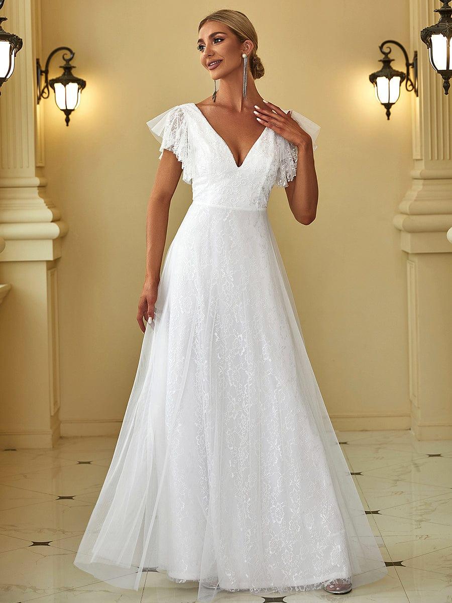 Elegant Maxi Lace Wedding Dress with Ruffle Sleeves #color_White