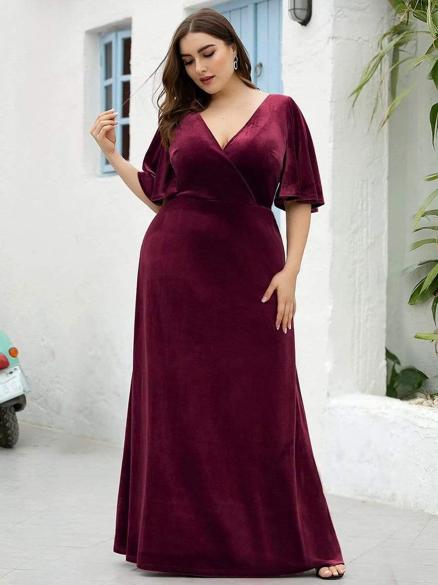 Elegant Double V Neck Velvet Party Dress for Women #color_Burgundy