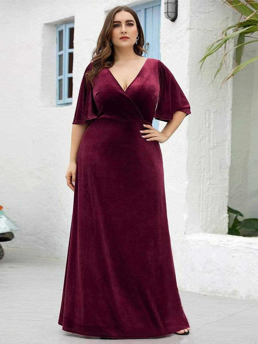 Vintage Plus Size Floor Length Velvet Evening Dress #color_Burgundy