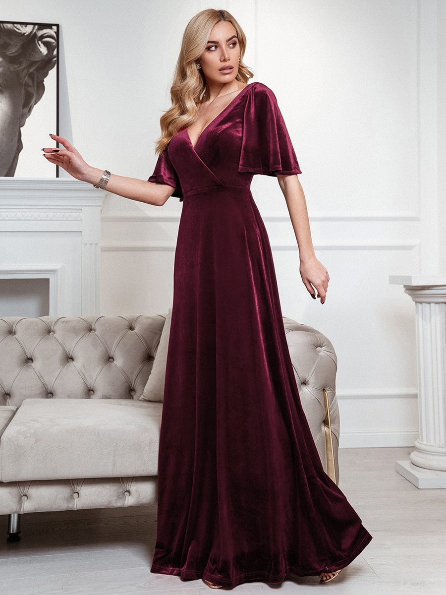 Custom Size Elegant Double V Neck Velvet Bridesmaid Dress #color_Burgundy