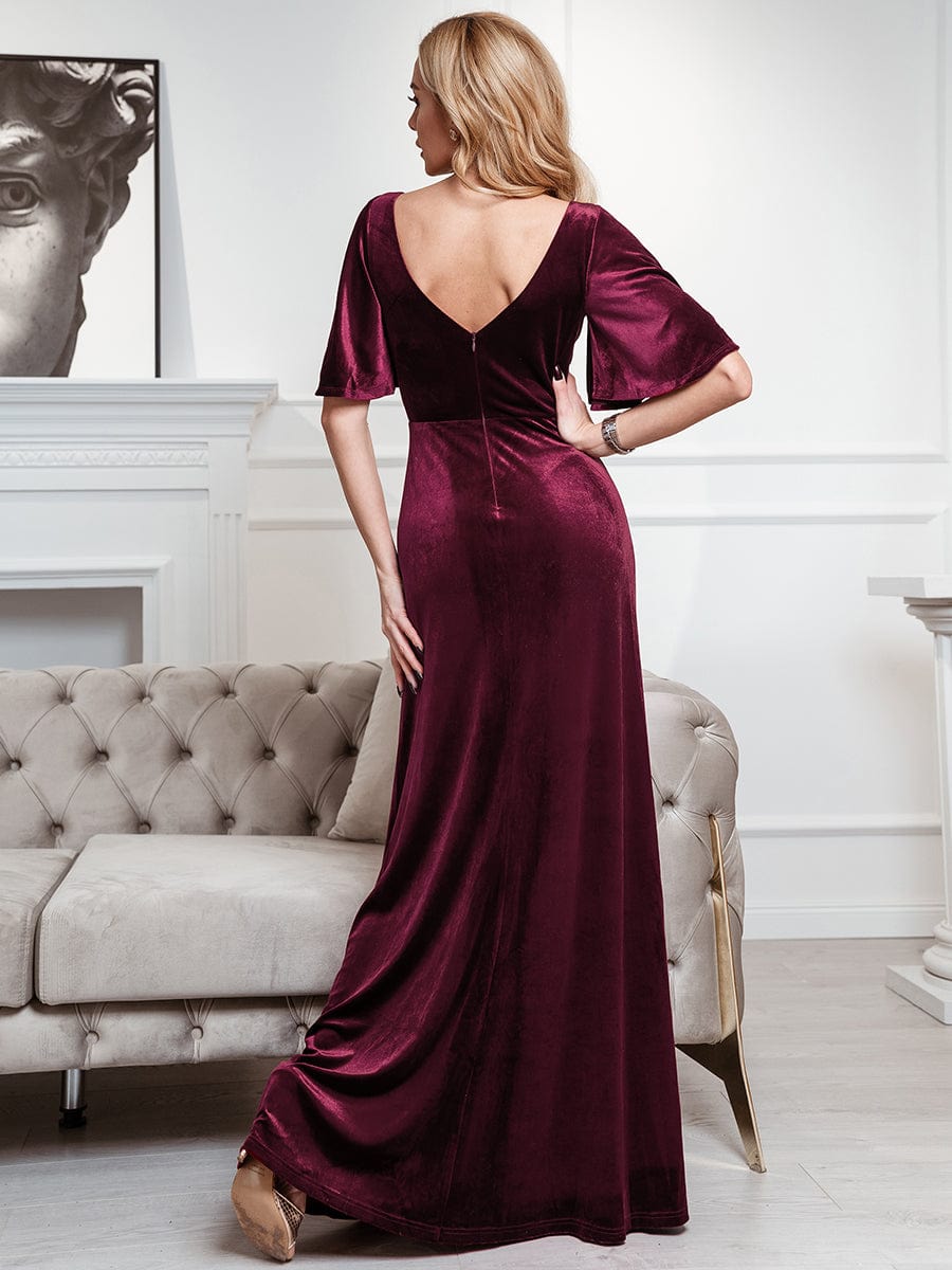 Custom Size Elegant Double V Neck Velvet Bridesmaid Dress #color_Burgundy