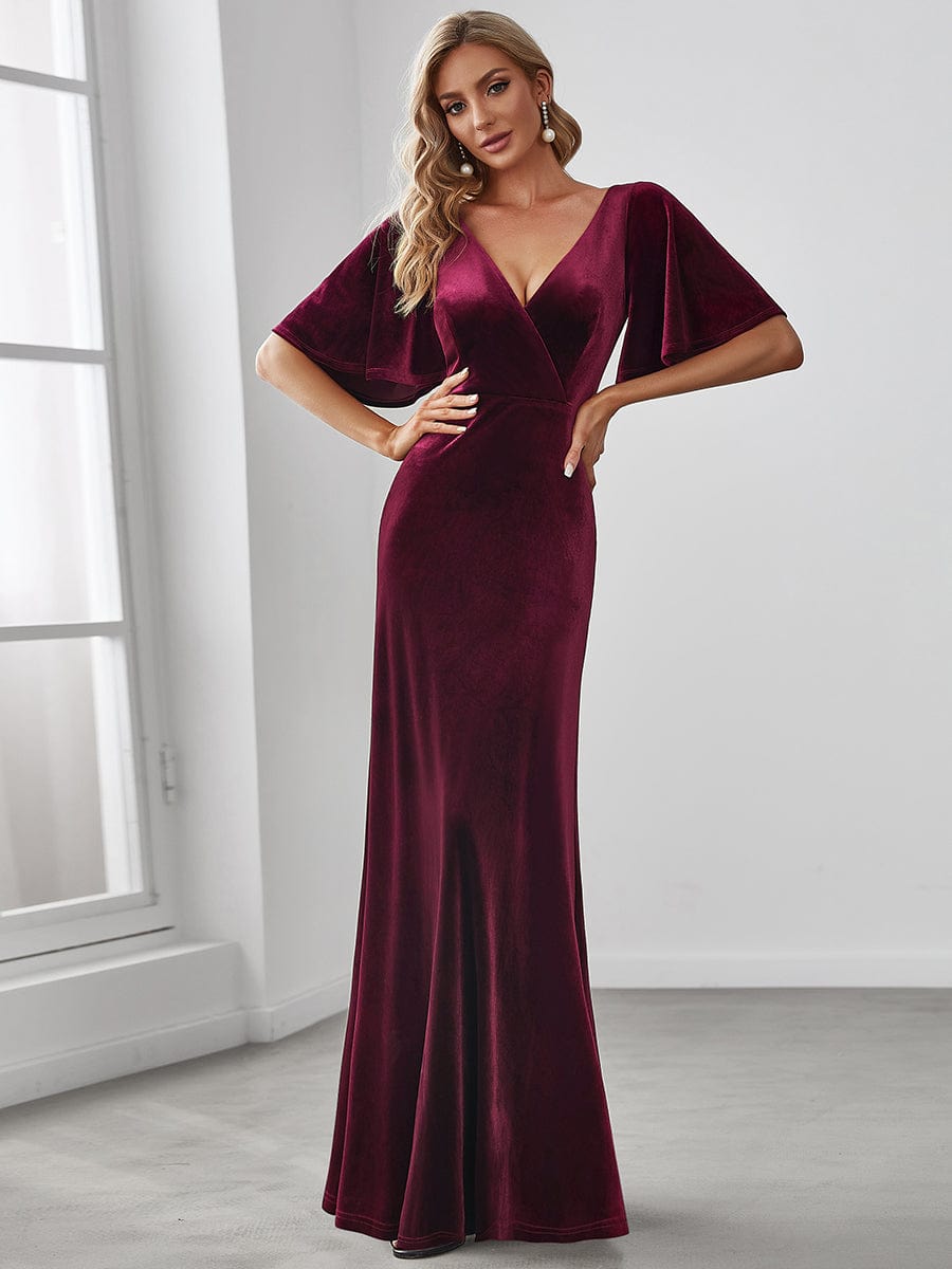 Elegant Double V Neck Velvet Party Dress for Women #color_Burgundy