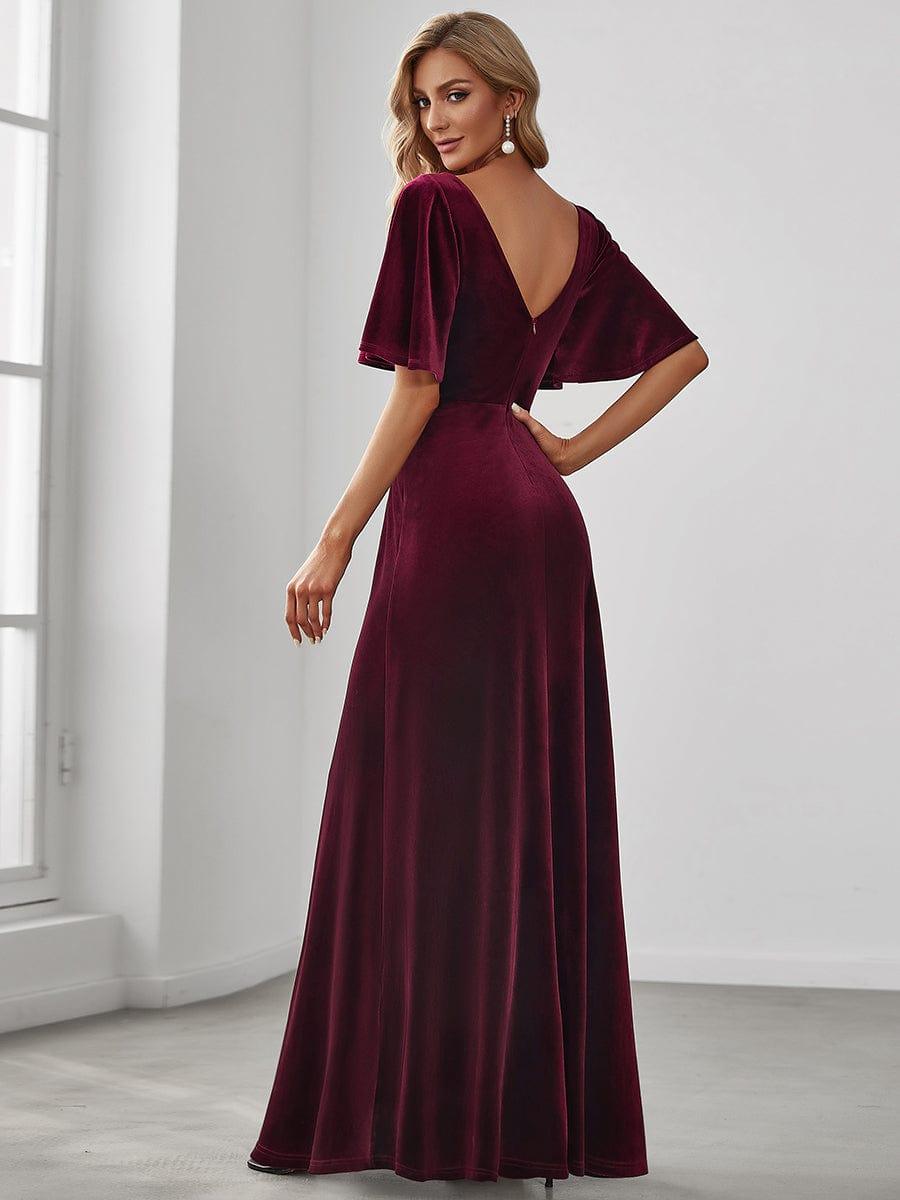 Elegant Double V Neck Velvet Party Dress for Women #color_Burgundy