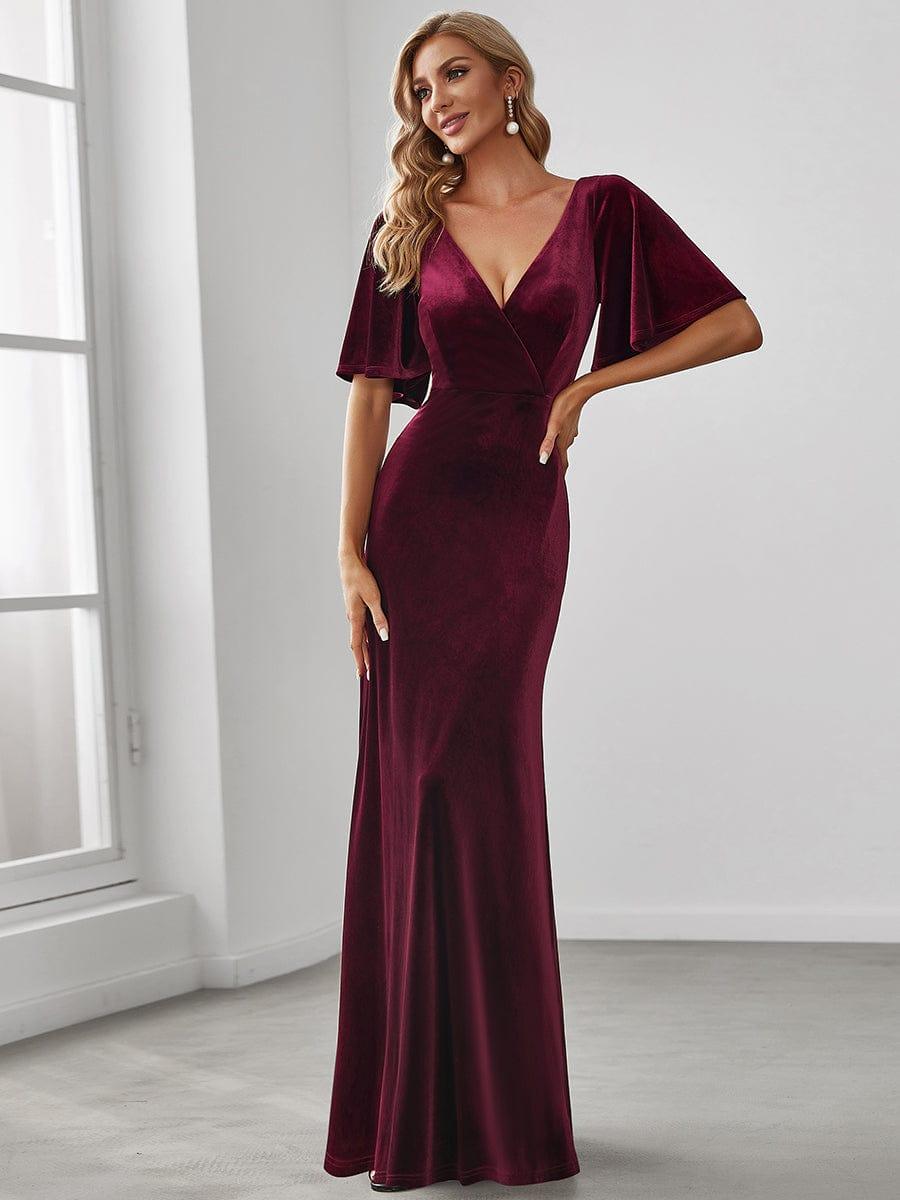 Trendy Double V Neck Velvet Wedding Guest Dress