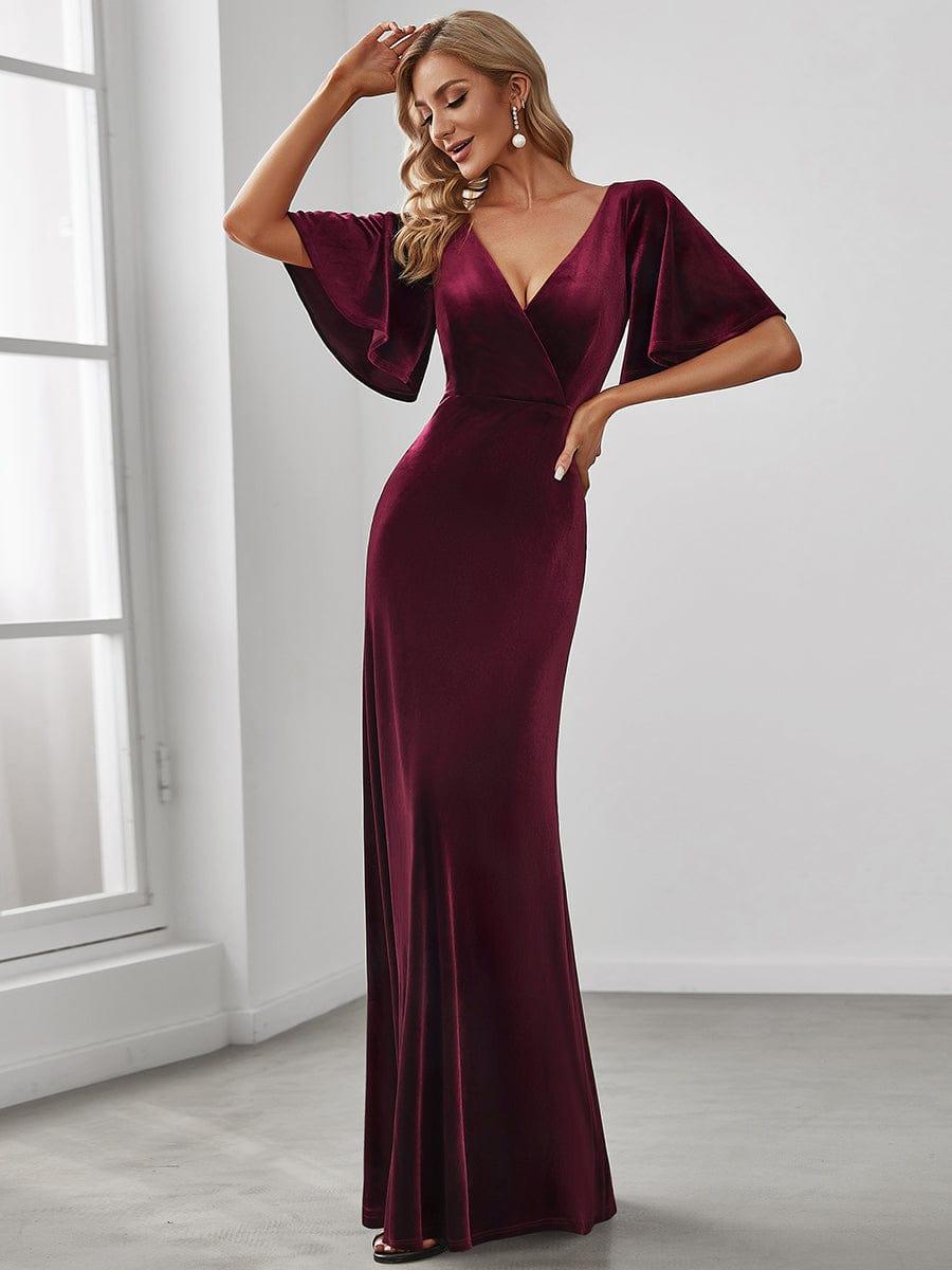 Elegant Double V Neck Velvet Party Dress for Women #color_Burgundy