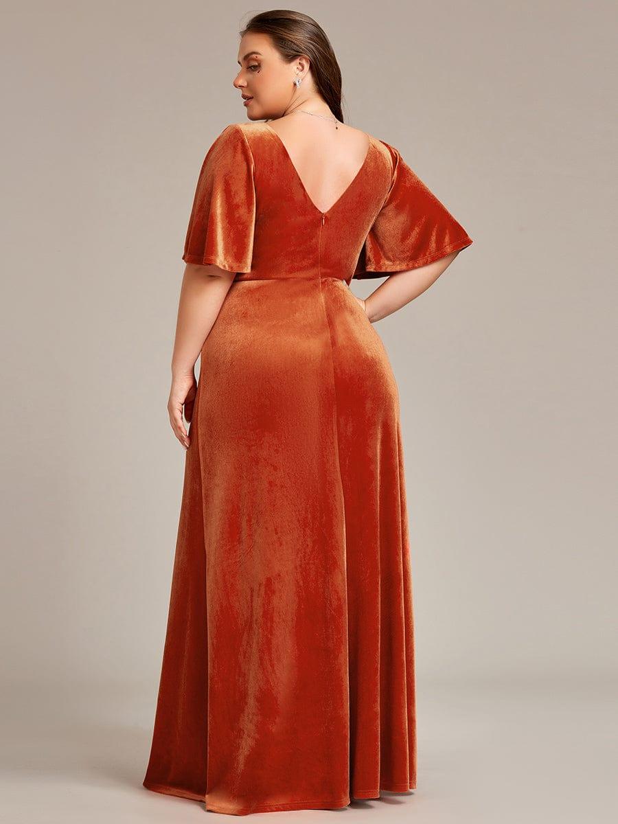 Elegant Double V Neck Velvet Party Dress for Women #color_Burnt Orange