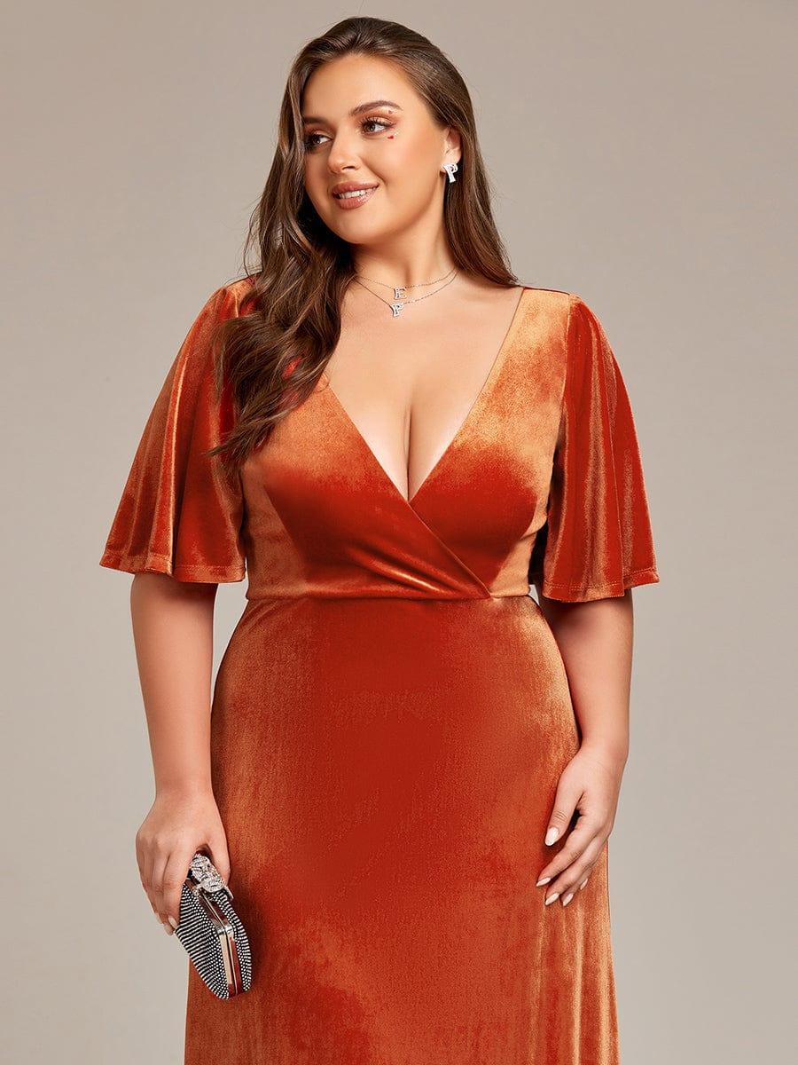 Elegant Double V Neck Velvet Party Dress for Women #color_Burnt Orange