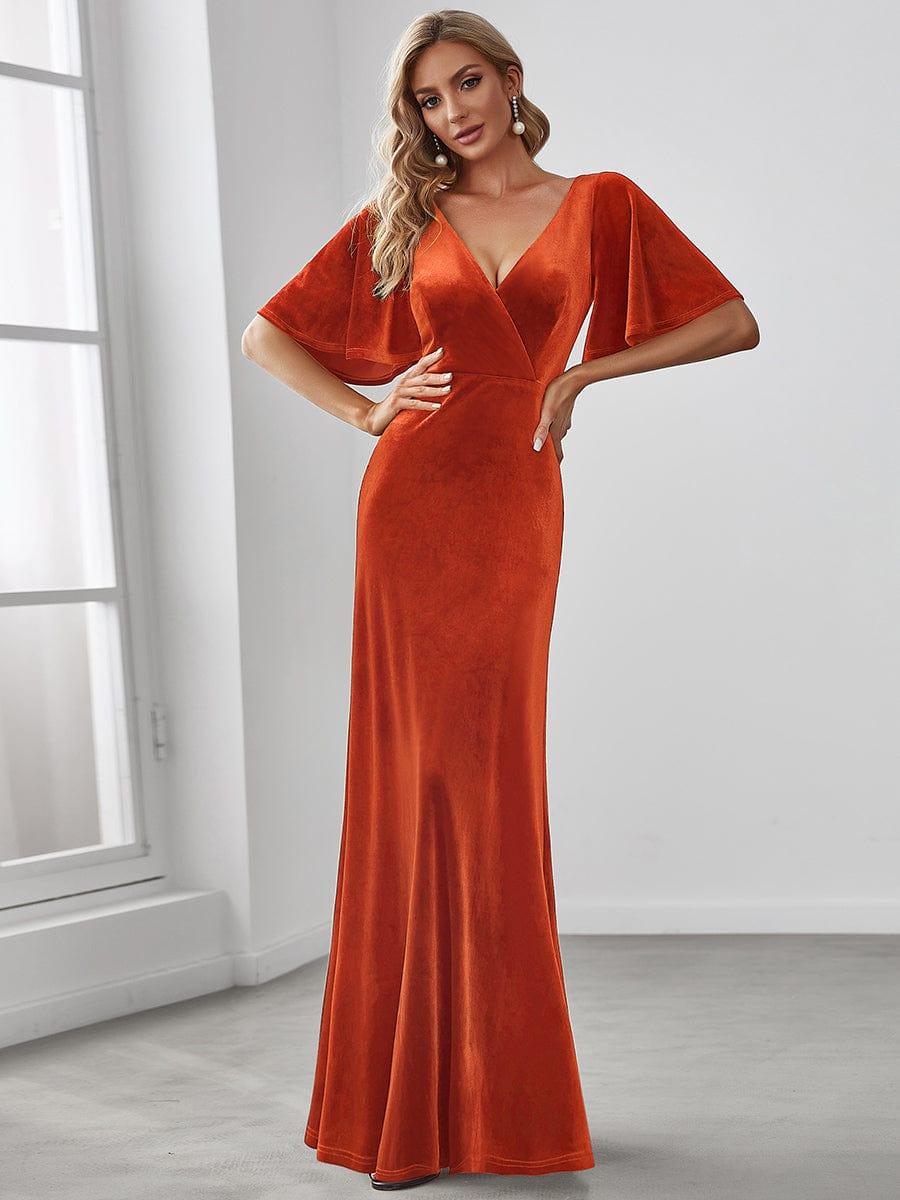 Elegant Double V Neck Velvet Party Dress for Women #color_Burnt Orange