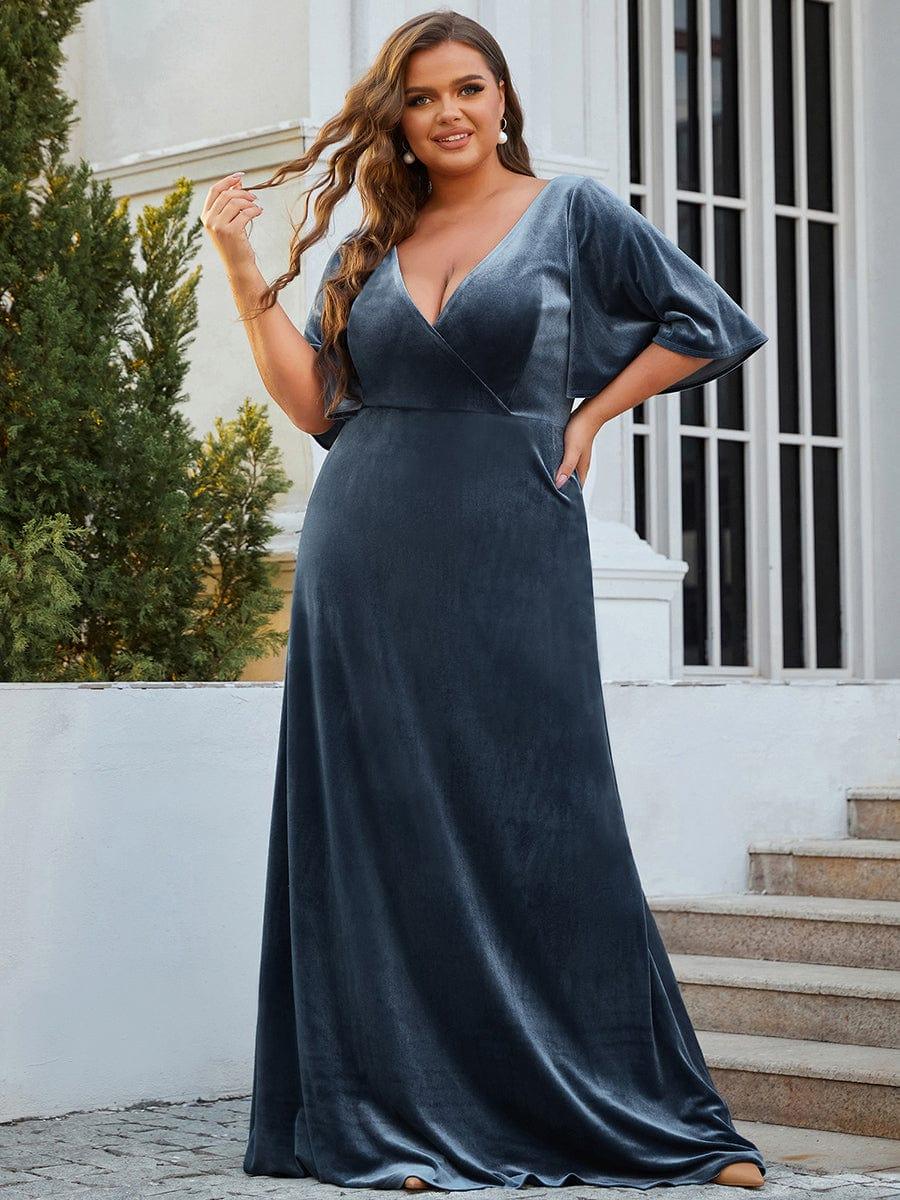 Elegant Double V Neck Velvet Party Dress for Women #color_Dusty Blue