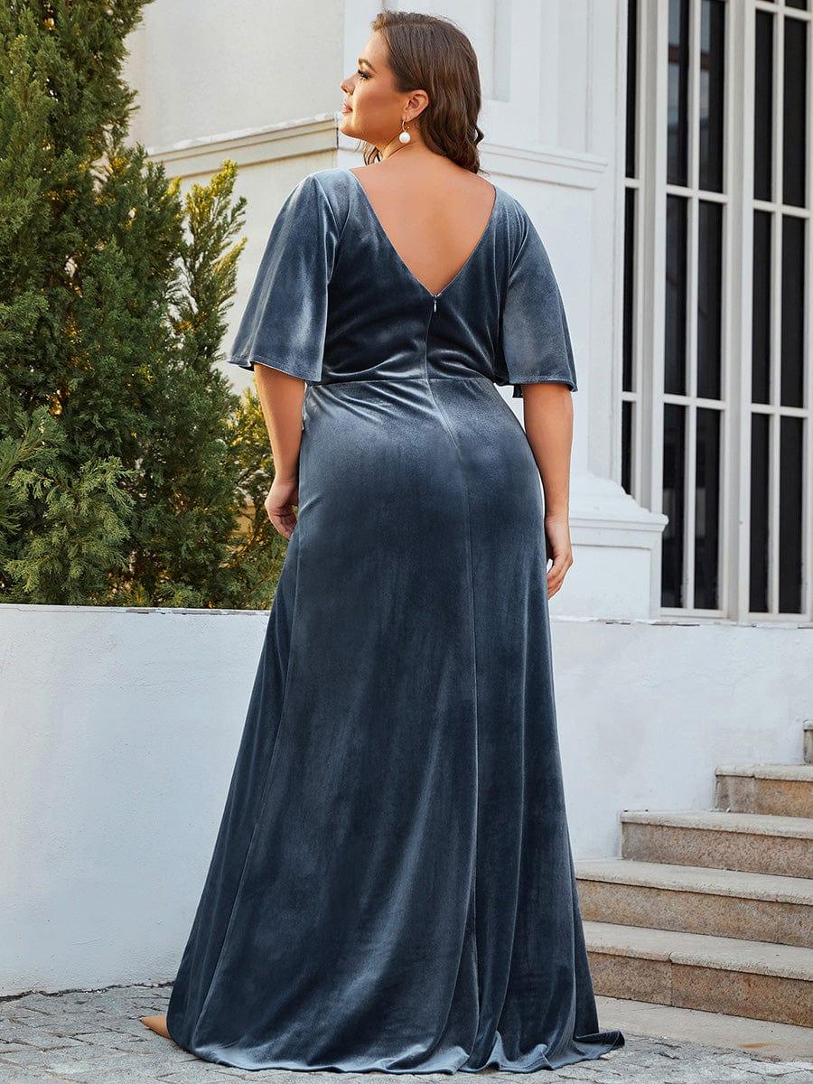 Elegant Double V Neck Velvet Party Dress for Women #color_Dusty Blue