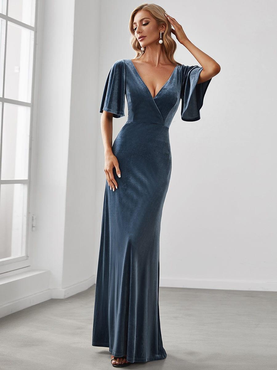 Elegant Double V Neck Velvet Party Dress for Women #color_Dusty Blue