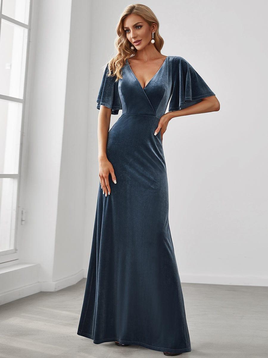Elegant Double V Neck Velvet Party Dress for Women #color_Dusty Blue