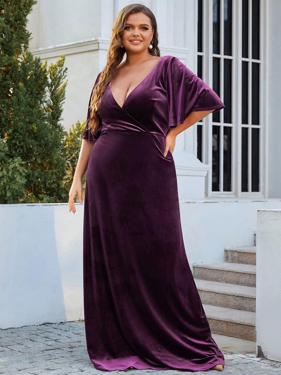 Elegant Double V Neck Velvet Party Dress for Women #color_Dark Purple