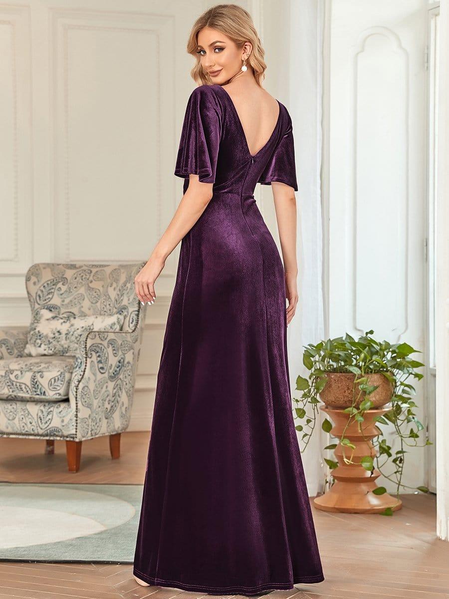 Elegant Double V Neck Velvet Party Dress for Women #color_Dark Purple