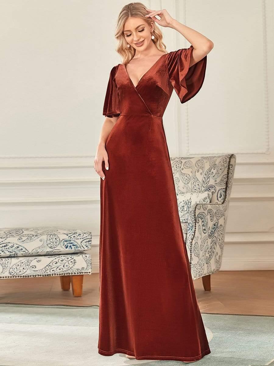 Elegant Double V Neck Velvet Party Dress for Women #color_Brick Red