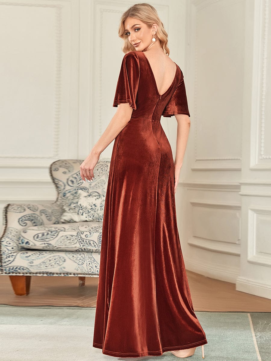 Custom Size Elegant Double V Neck Velvet Bridesmaid Dress #color_Brick Red