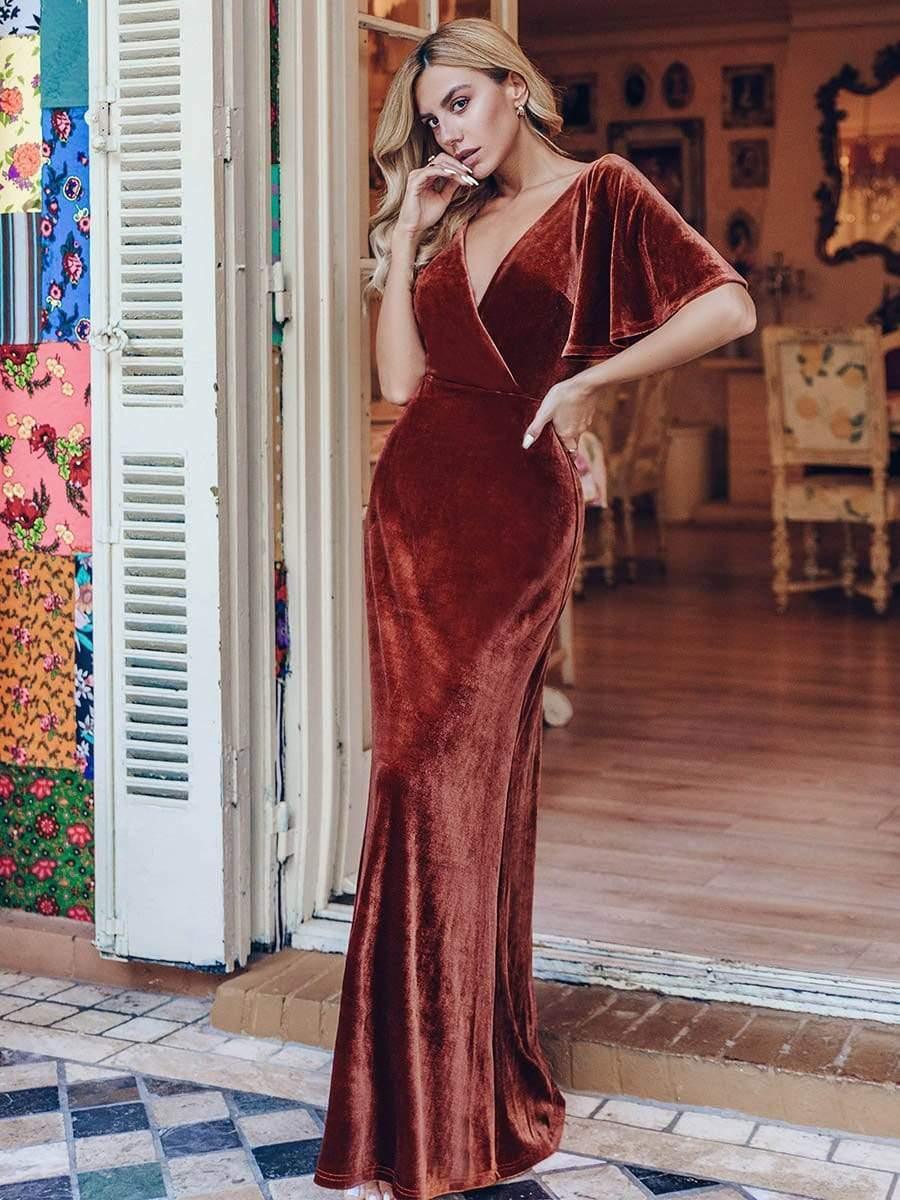 Trendy Double V Neck Velvet Wedding Guest Dress