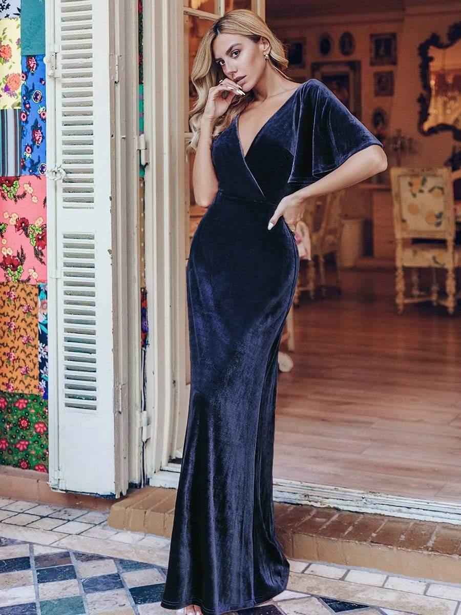 Elegant Double V Neck Velvet Party Dress for Women #color_Navy Blue