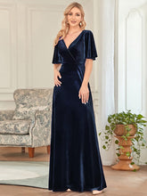 Elegant Double V Neck Velvet Party Dress for Women #color_Navy Blue