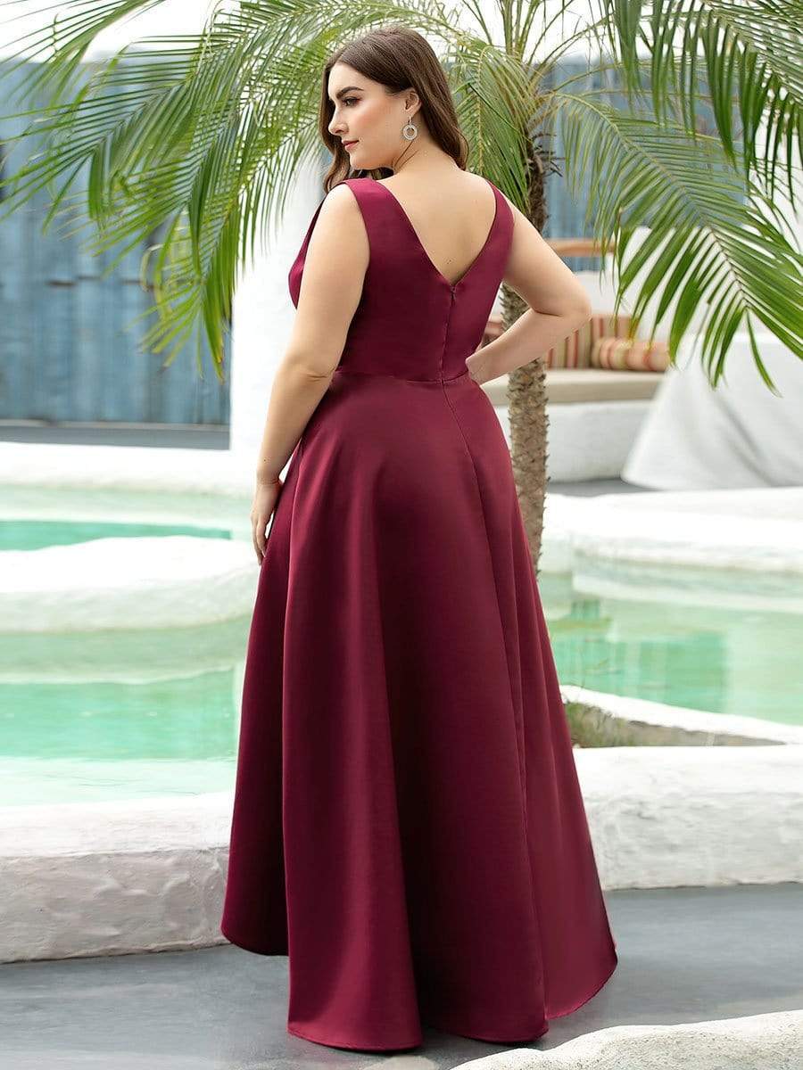 Women's Plus Size Asymmetric High Low Cocktail Party Dress #color_Burgundy