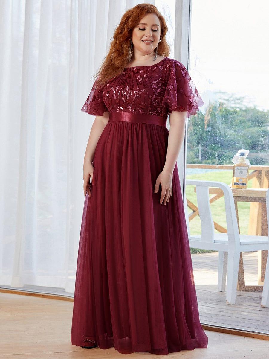 Women's A-Line Short Sleeve Embroidery Floor Length Bridesmaid Dresses #color_Burgundy