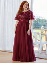Plus Size Women's Embroidery Bridesmaid Dress with Short Sleeve #color_Burgundy