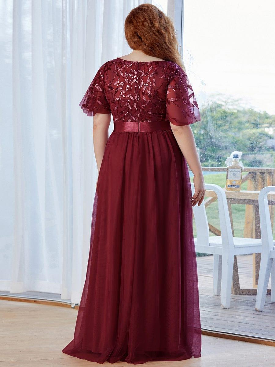 Women's A-Line Short Sleeve Embroidery Floor Length Bridesmaid Dresses #color_Burgundy