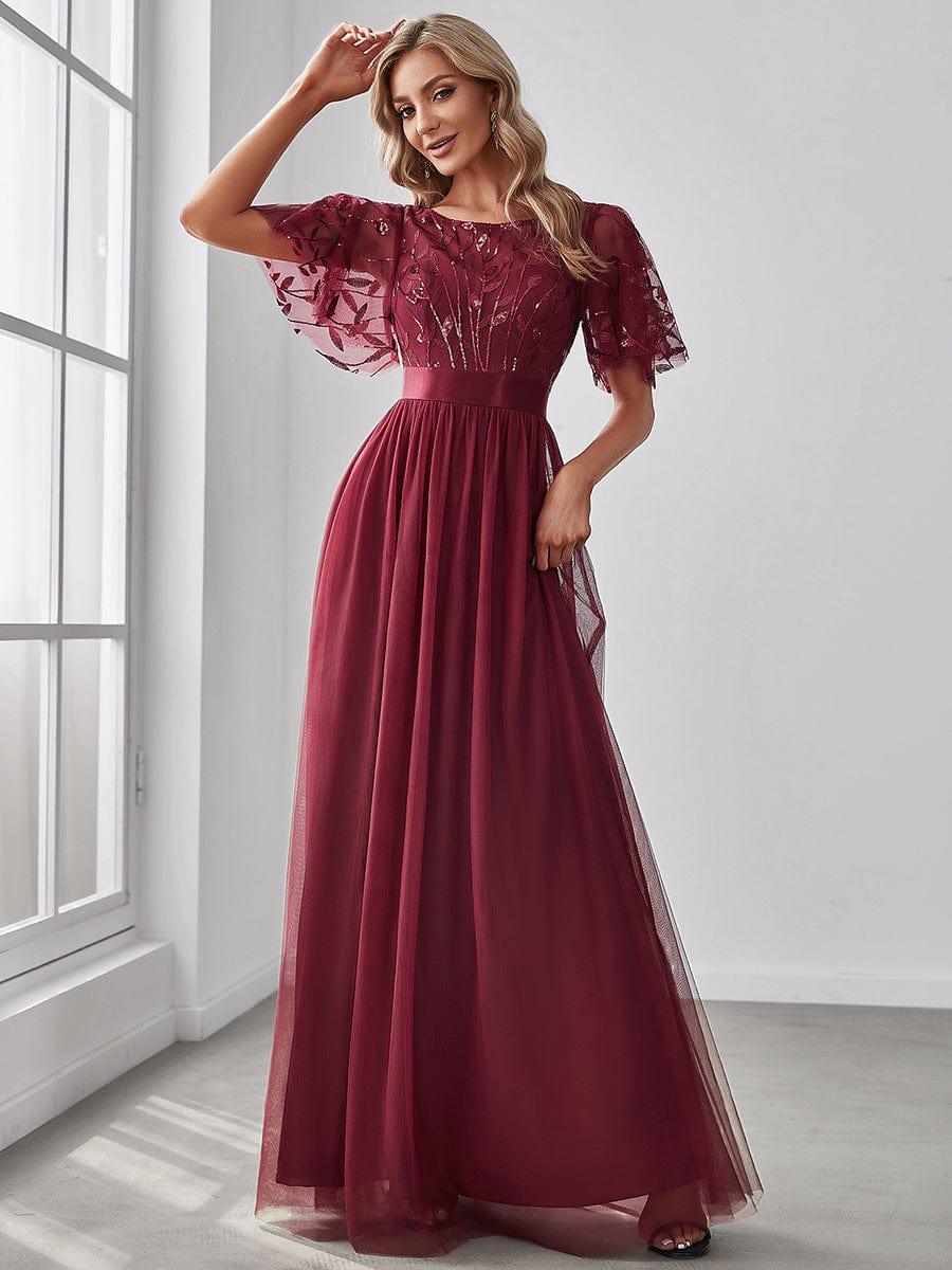 Women's A-Line Short Sleeve Embroidery Floor Length Bridesmaid Dresses #color_Burgundy