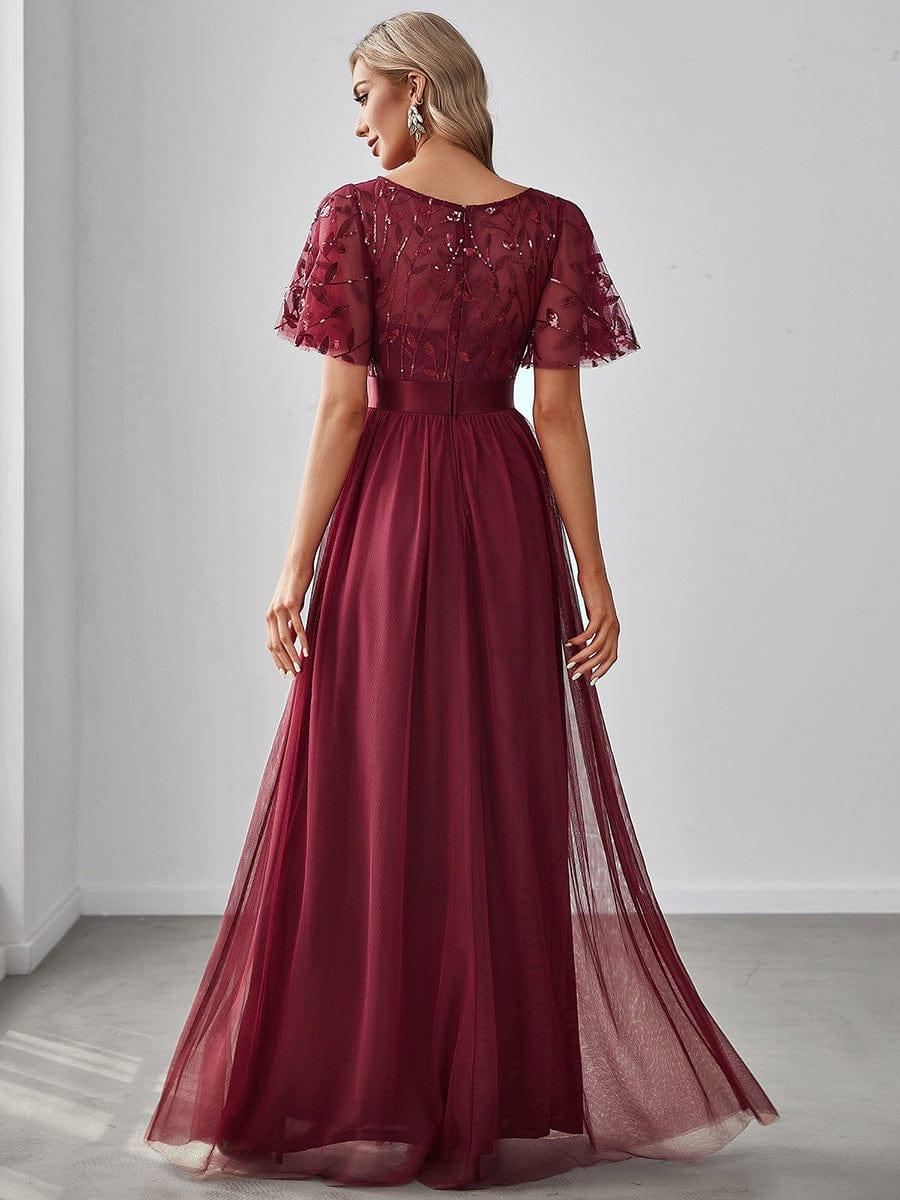 Women's A-Line Short Sleeve Embroidery Floor Length Bridesmaid Dresses #color_Burgundy