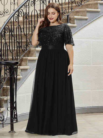 Plus Size Women's Embroidery Bridesmaid Dress with Short Sleeve #color_Black