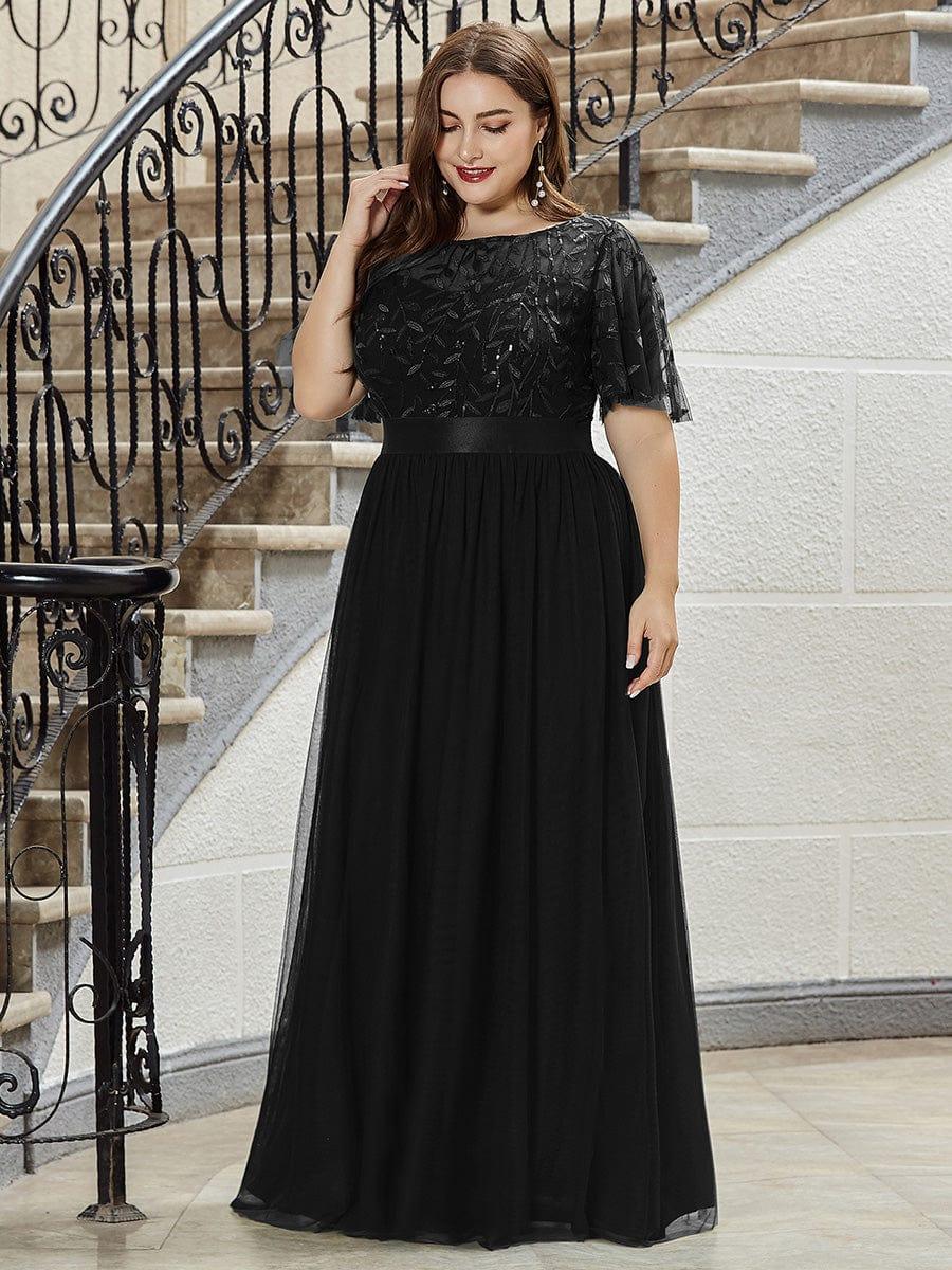 Plus Size Women's Embroidery Bridesmaid Dress with Short Sleeve #color_Black