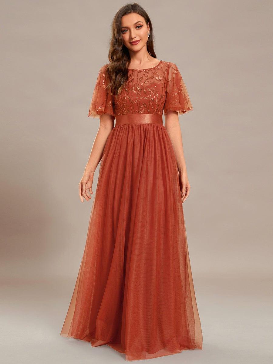 Women's A-Line Short Sleeve Embroidery Floor Length Bridesmaid Dresses #color_Burnt Orange