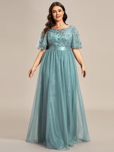 Plus Size Women's Embroidery Bridesmaid Dress with Short Sleeve #color_Light Teal