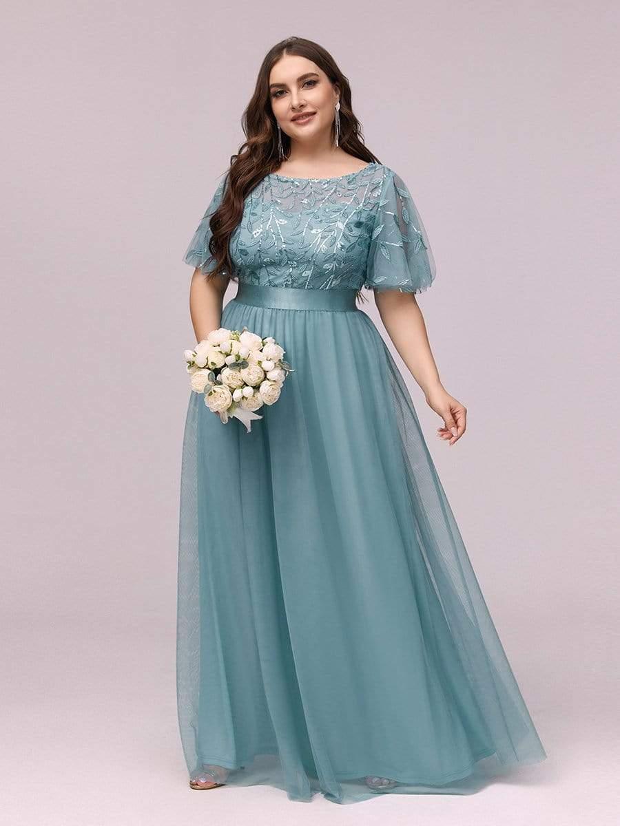 Women's A-Line Short Sleeve Embroidery Floor Length Bridesmaid Dresses #color_Light Teal